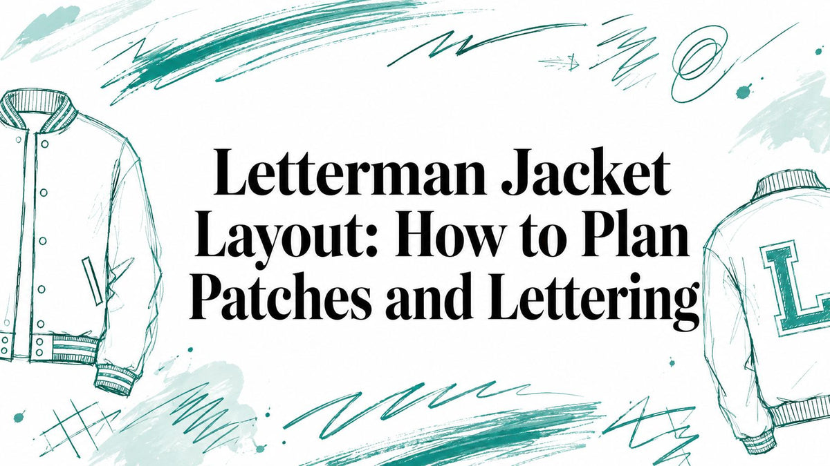 Letterman jacket mockup showing patch and lettering placement zones